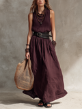María | Vestido largo sin mangas de algodón y lino en color magenta, de estilo informal para mujer, con cuello redondo (cinturón no incluido)