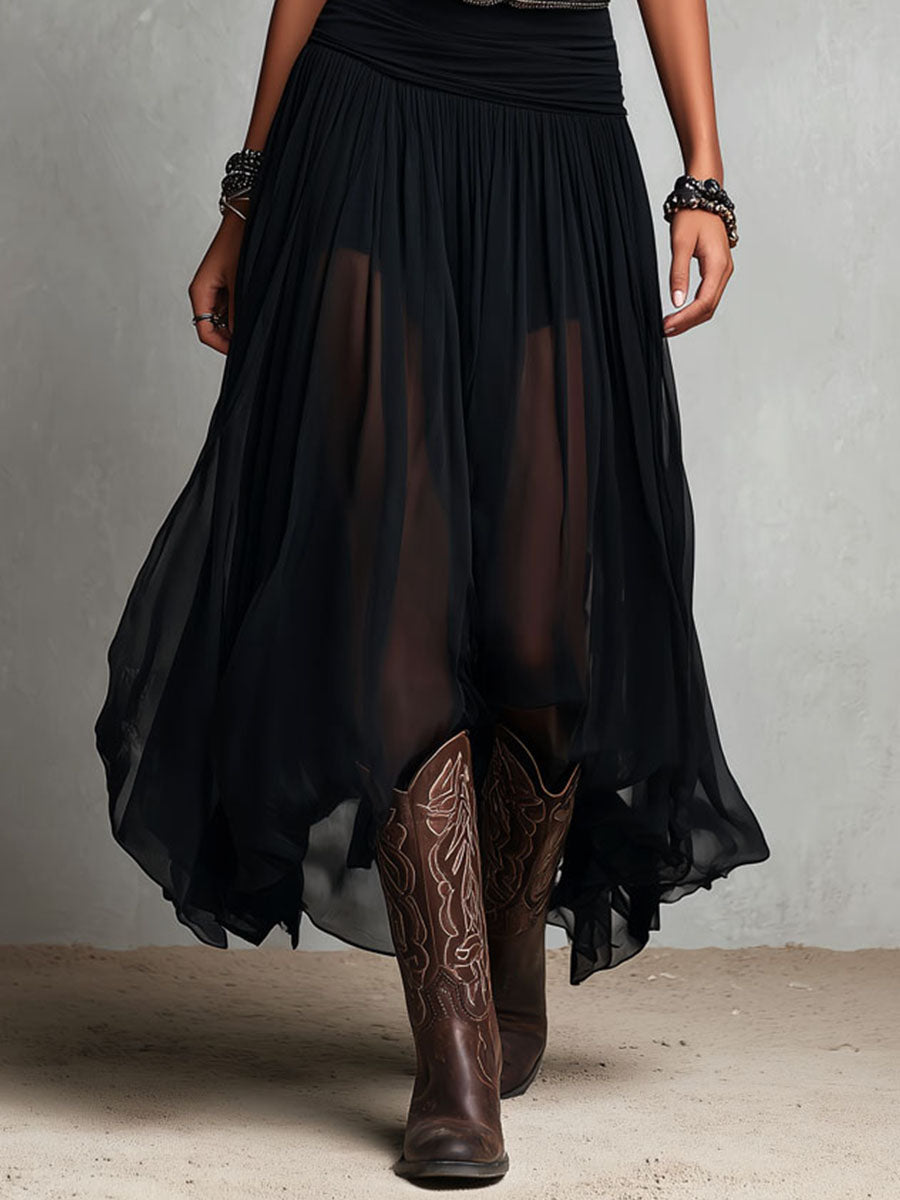 Julia | Vestido largo elástico negro de estilo boho western con falda transparente