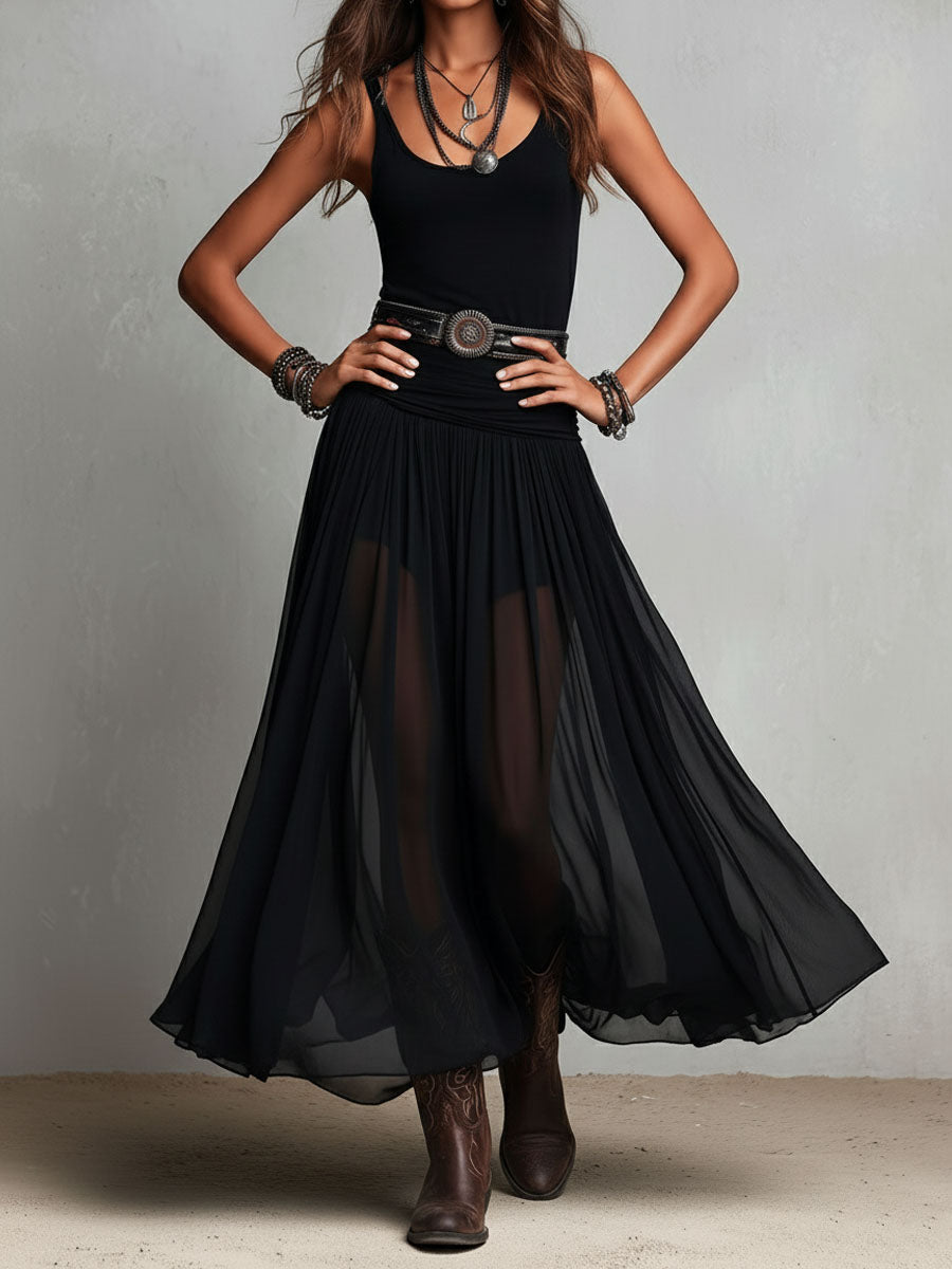 Julia | Vestido largo elástico negro de estilo boho western con falda transparente
