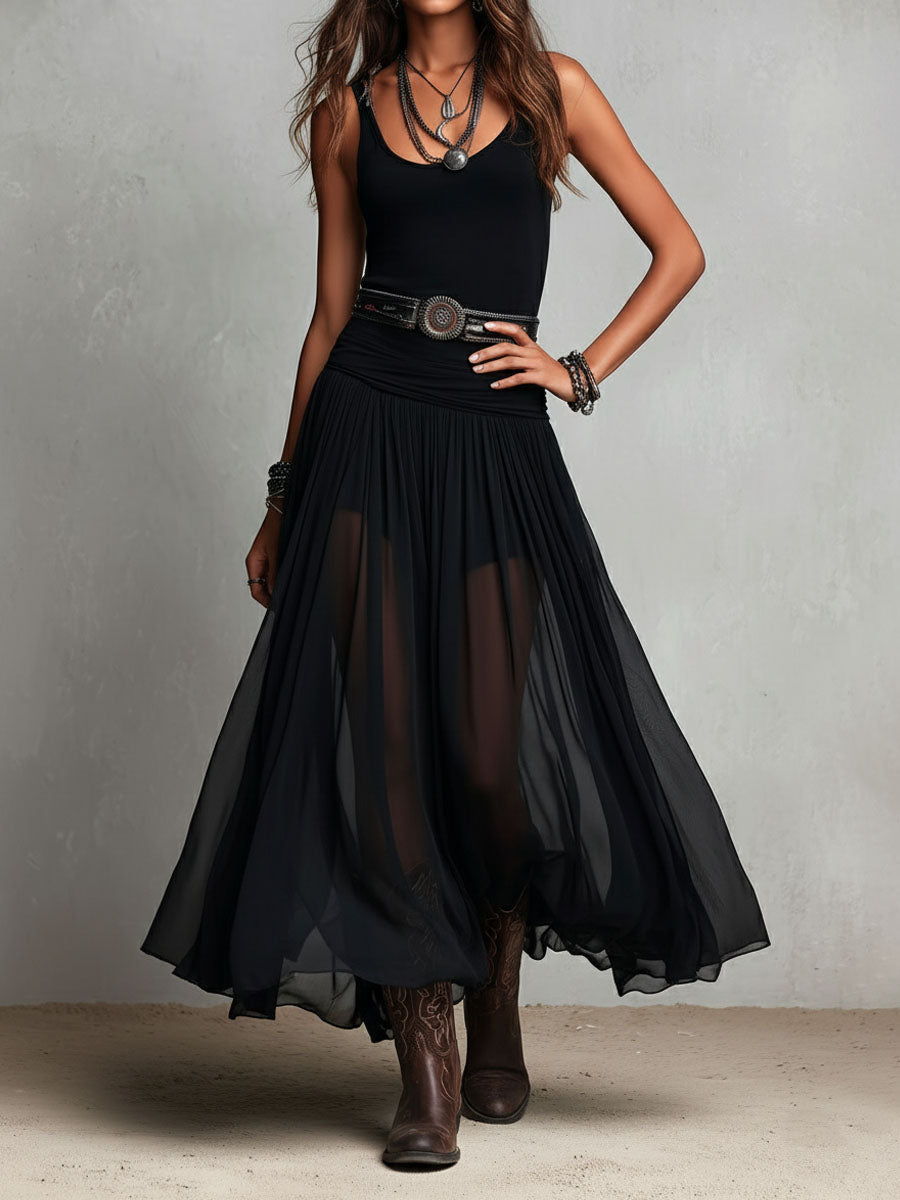 Julia | Vestido largo elástico negro de estilo boho western con falda transparente