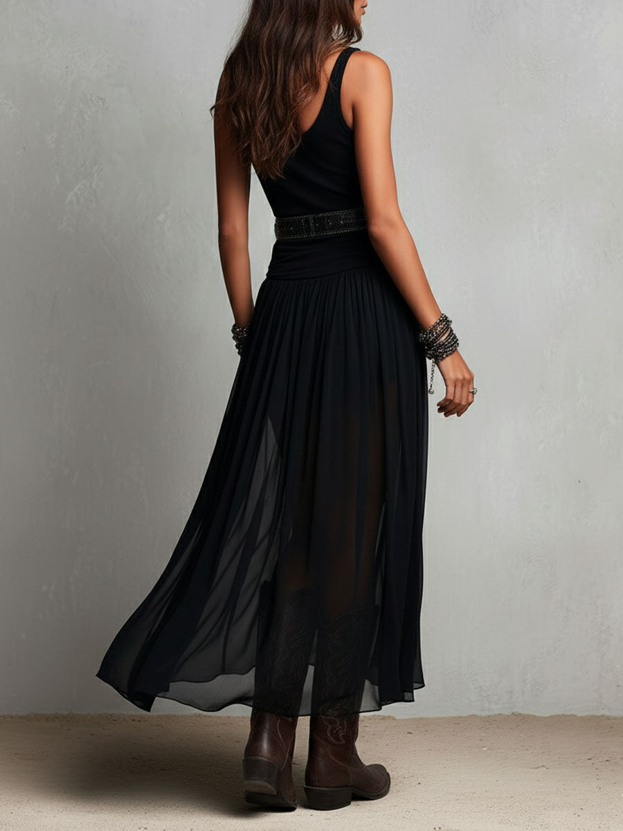 Julia | Vestido largo elástico negro de estilo boho western con falda transparente