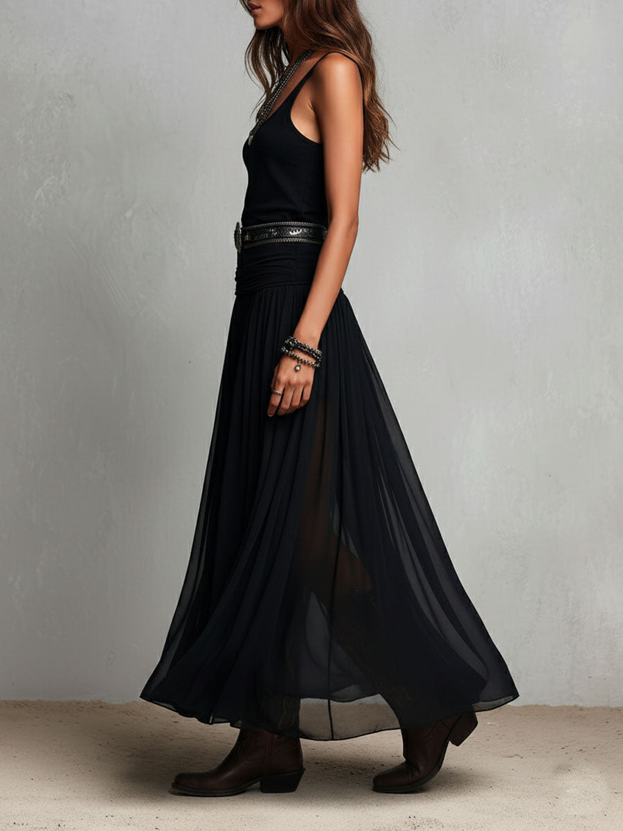 Julia | Vestido largo elástico negro de estilo boho western con falda transparente