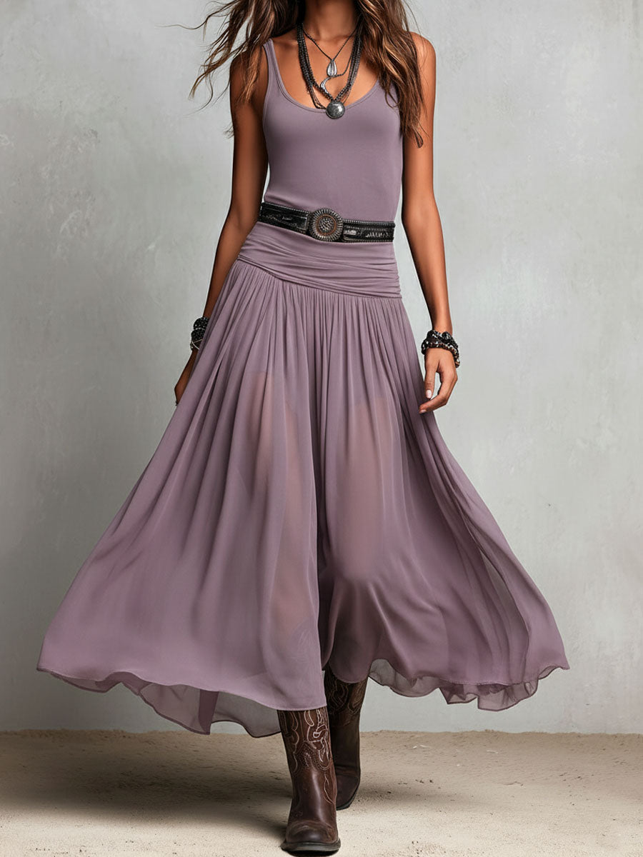 Julia | Vestido largo elástico negro de estilo boho western con falda transparente