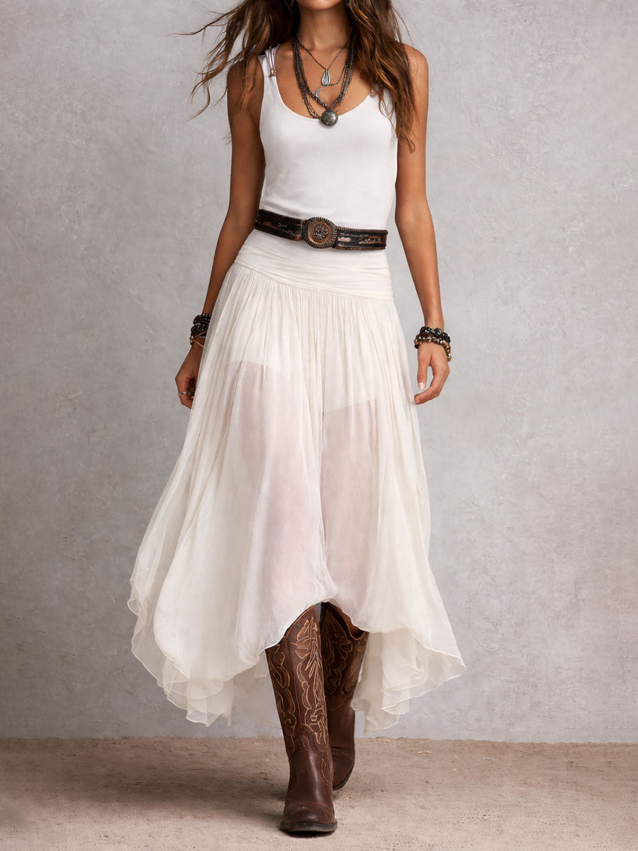 Julia | Vestido largo elástico negro de estilo boho western con falda transparente