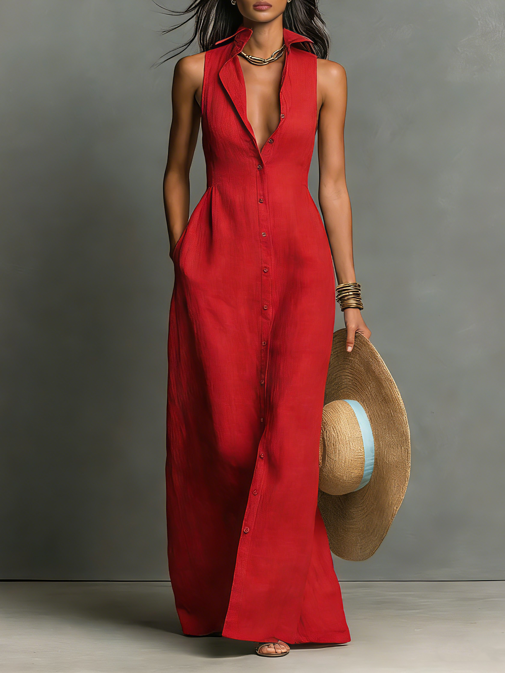 Celia | Vestido largo tipo camisa sin mangas de lino, de estilo minimalista, para mujer