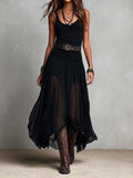 Julia | Vestido largo elástico negro de estilo boho western con falda transparente